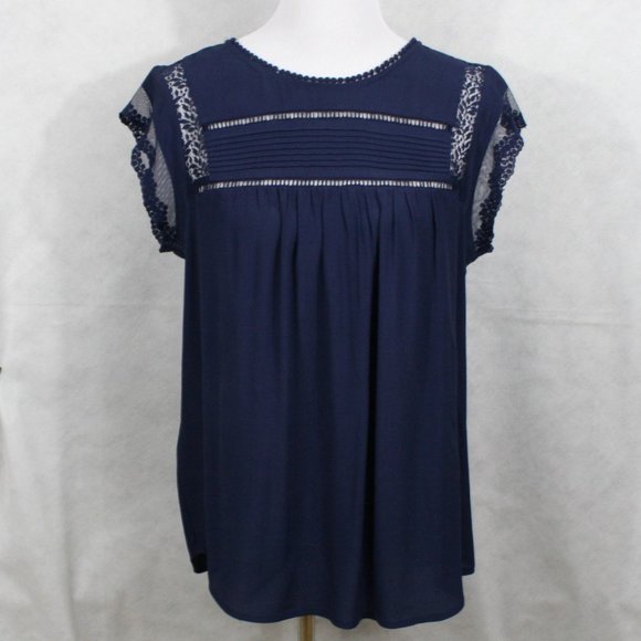 Vintage 90's Anthropologie Meadow Rue Blue Rayon Blouse w/ Lace SZ MP EUC - Picture 2 of 10